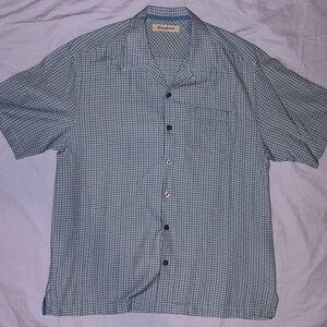 Tommy Bahama Blue Checkered Plaid Silk Short Sleeve Button Down Size LG